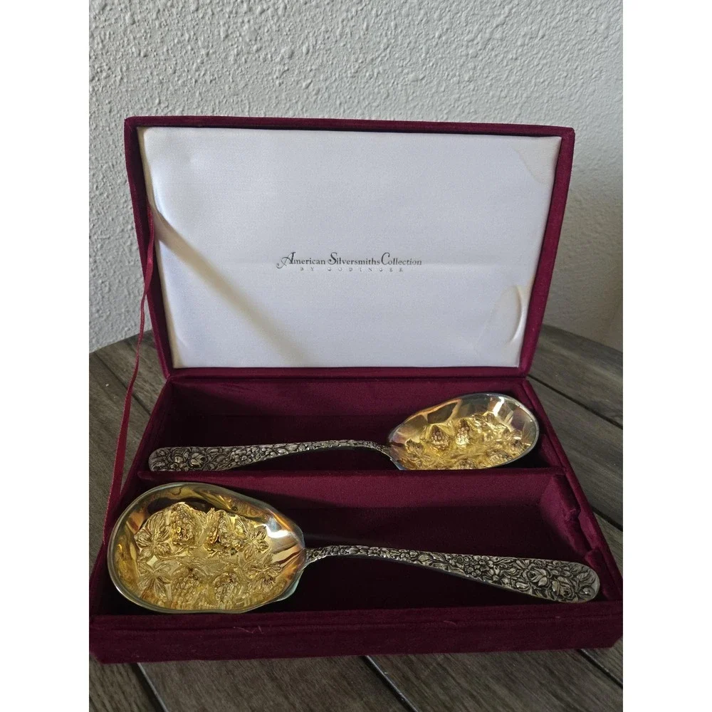 Vintage Godinger Silver Plated Gilt Serving Spoon Set Roses Strawberry Boxed